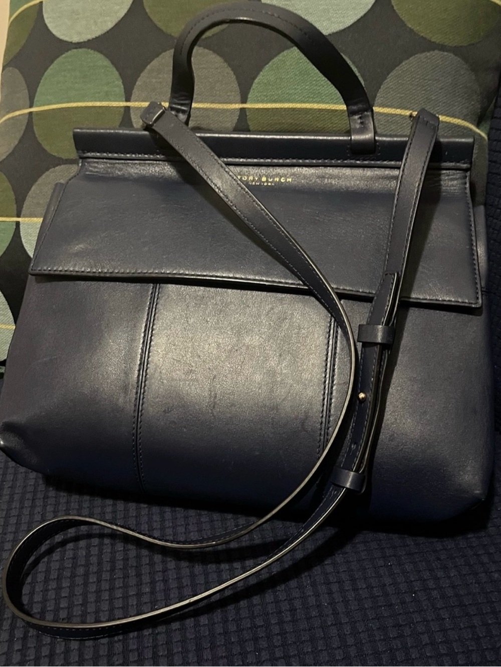 Tory Burch Navy Leather Structured Top-Handle Purse.
